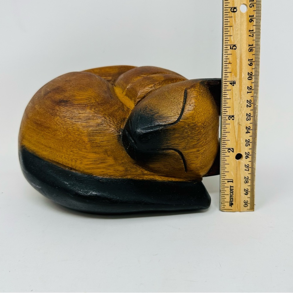 Handcrafted Wooden Sleeping Cat Sculpture Doorstop Siamese Brown Black Heavy - Picture 8 of 11
